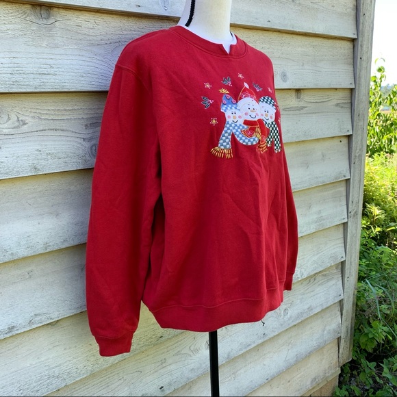Vintage 90s Red Felt Snowman Appliqué Graphic Crewneck Ugly Christmas Sweatshirt - Picture 2 of 16